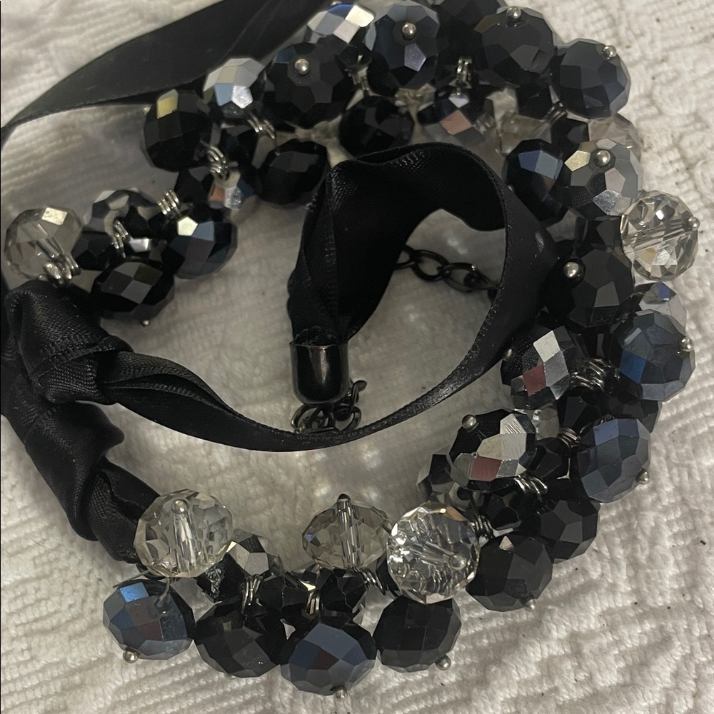 Elegant Black, Silver, charcoal, and clear glass faceted Beaded ribbon necklace